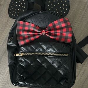 Black Quilted Backpack with Red Plaid Bow